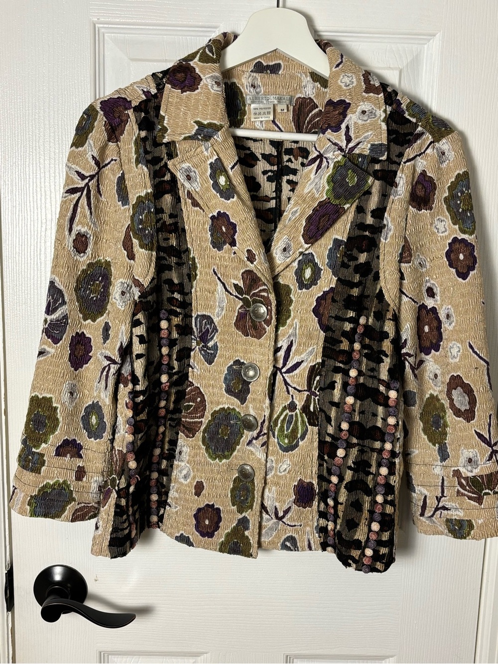 Alberto Makali Beige Floral Textured Blazer with Purple and Green Accents